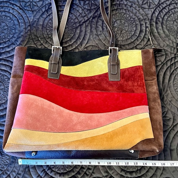 Vintage Pamela McCoy Wavy Color Block Genuine Suede Tote - Picture 11 of 13